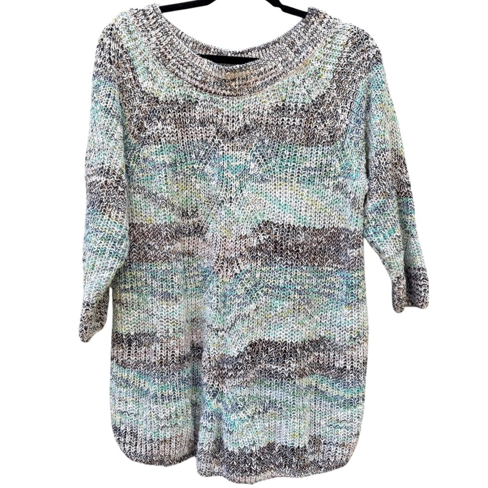 J Jill Womens XL Sweater Blue Green Space Dye Cotton 3/4 Sleeve Relaxed Pullover